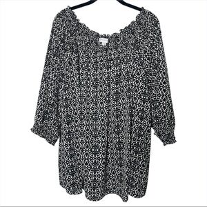 Susan Graver flowy Ruched Woven Peasant Top Size 2X Black White 3/4 Sleeves